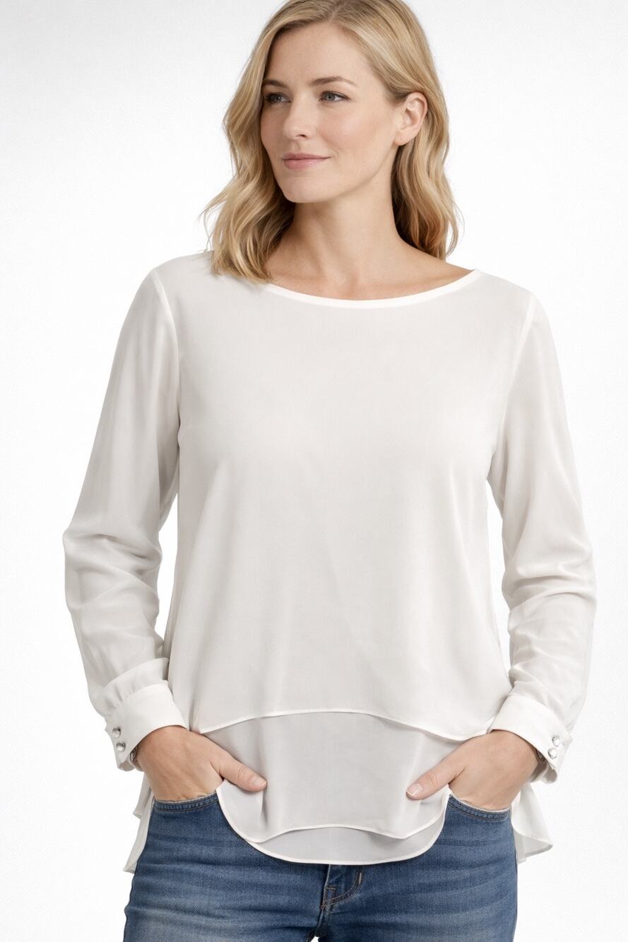 White House Black Market Ivory Chiffon Layered Long Sleeve Blouse Size 4